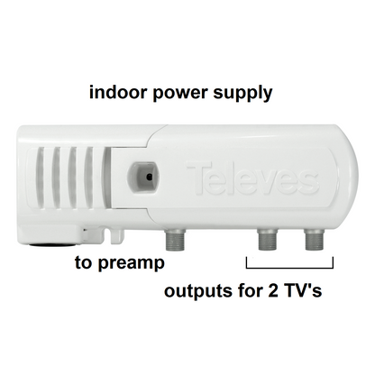 Televes 560483 Dual Input Antenna Preamp, Coaxial F-fitting Connections, Automatic Gain Control (AGC), 5G filtered